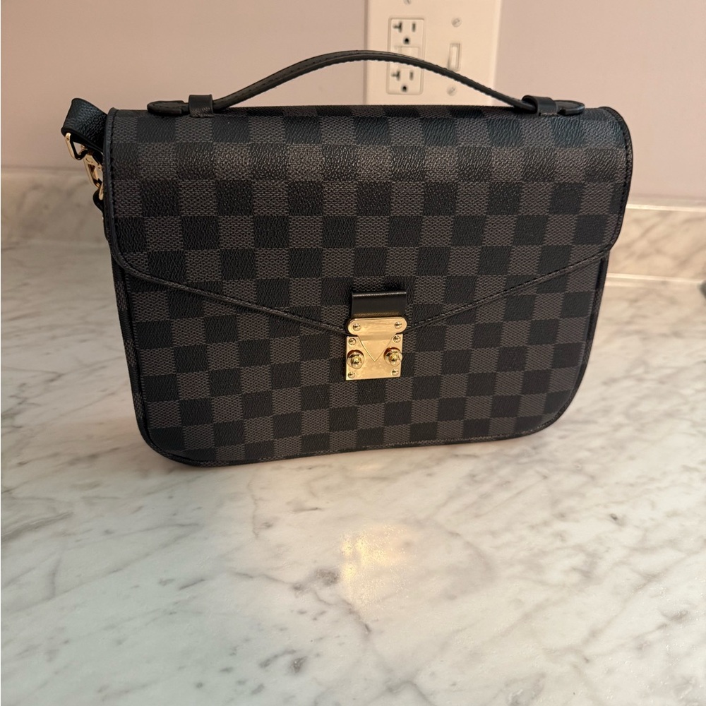 Checkered Black Handbag with Gold Clasp